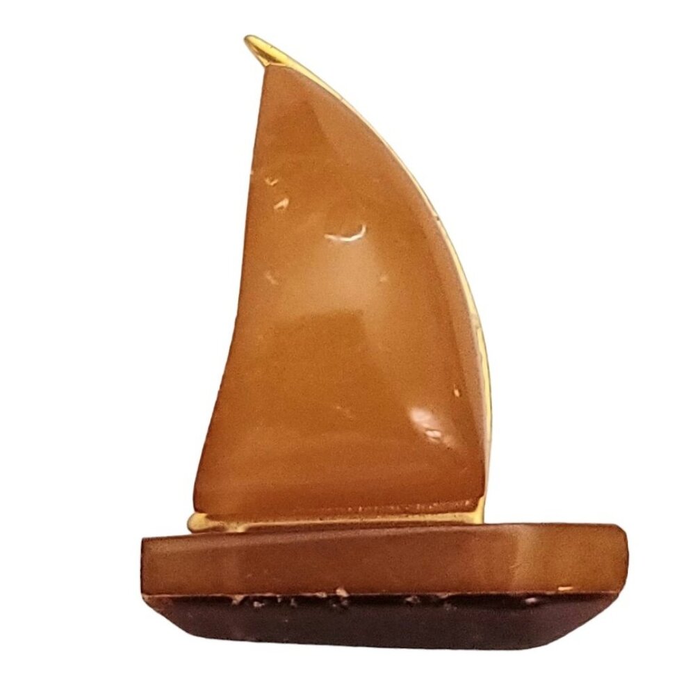 Gold Filled Carved Amber Sail Boat C-Clasp Pin Brooch E984